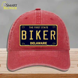 Biker Delaware Novelty License Plate Hat Unconstructed Cotton / Red