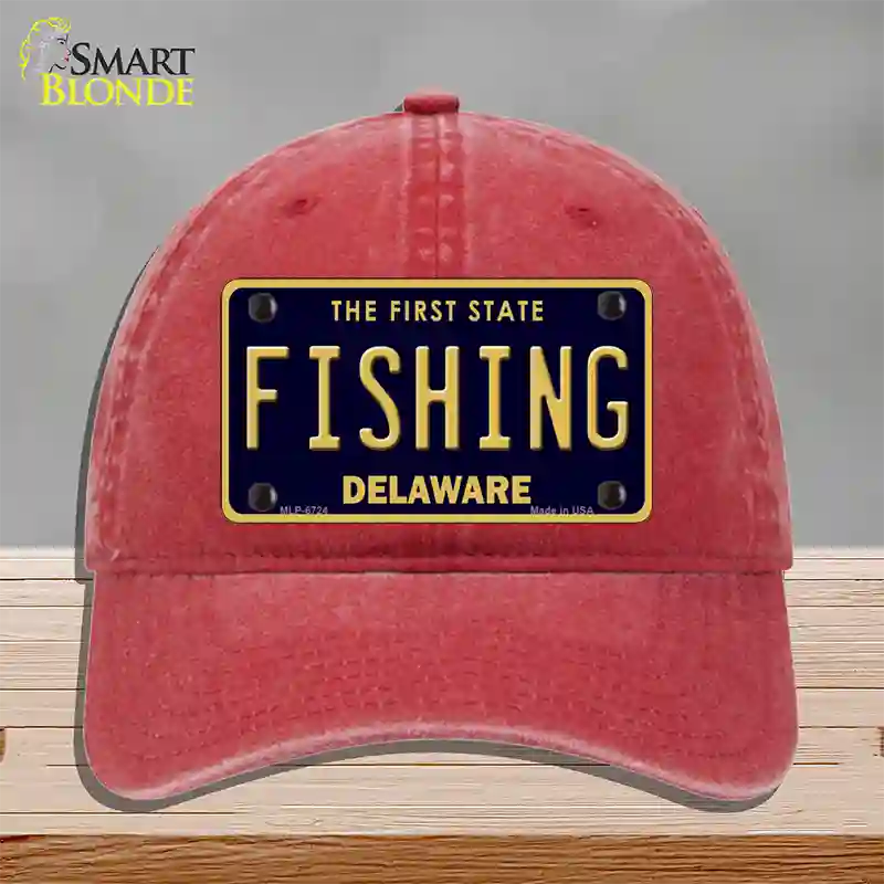 Fishing Delaware Novelty License Plate Hat Unconstructed Cotton / Red