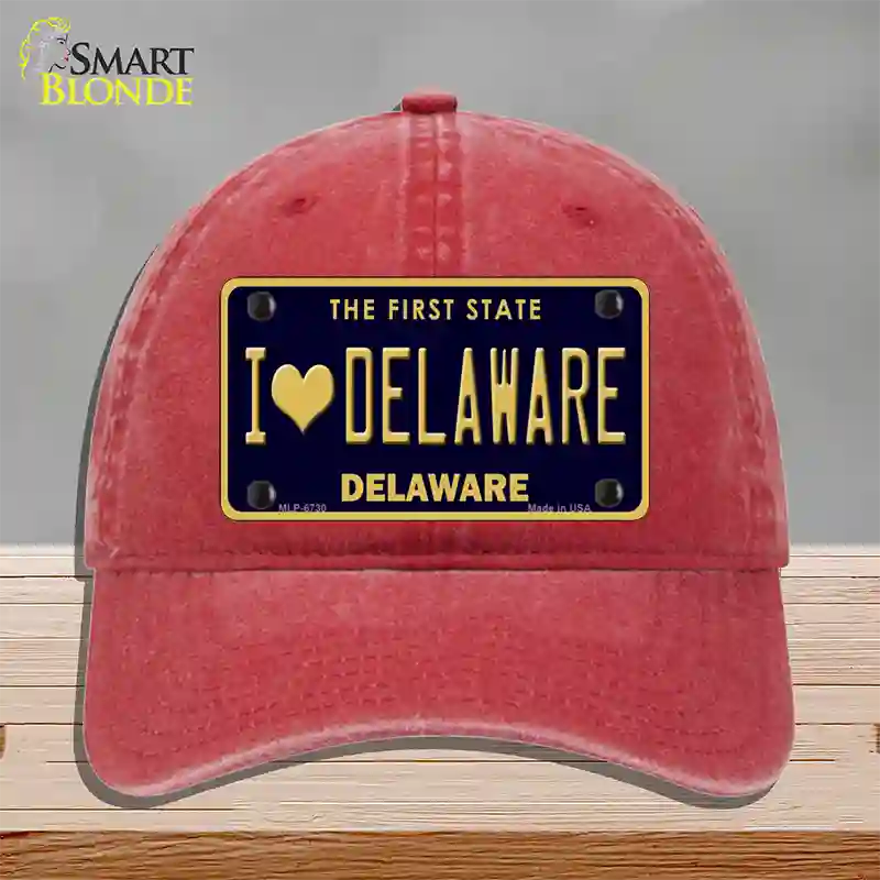 I Love Delaware Novelty License Plate Hat Unconstructed Cotton / Red