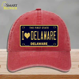 I Love Delaware Novelty License Plate Hat Unconstructed Cotton / Red