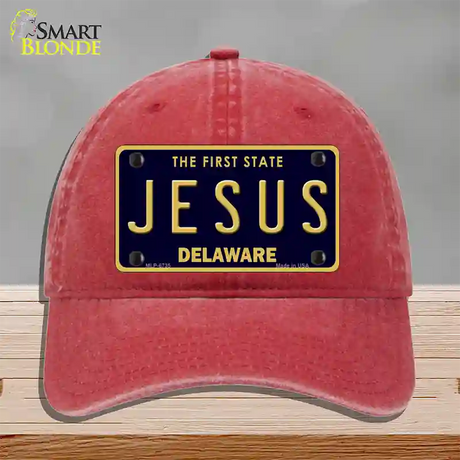 Jesus Delaware Novelty License Plate Hat Unconstructed Cotton / Red