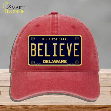 Believe Delaware Novelty License Plate Hat Unconstructed Cotton / Red