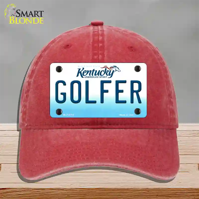 Golfer Kentucky Novelty License Plate Hat Unconstructed Cotton / Red