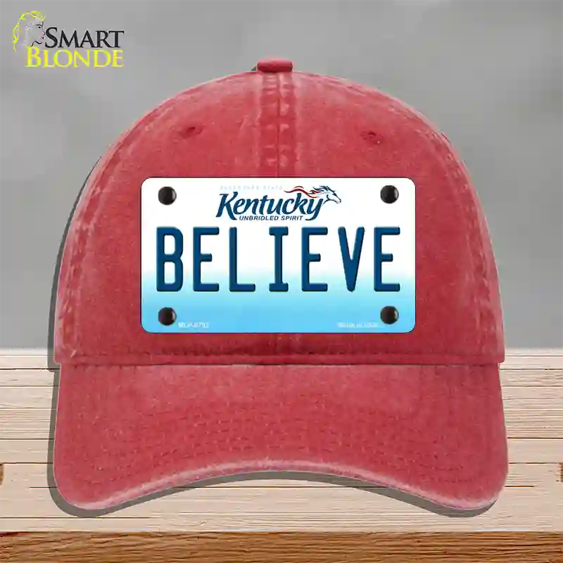 Believe Kentucky Novelty License Plate Hat Unconstructed Cotton / Red