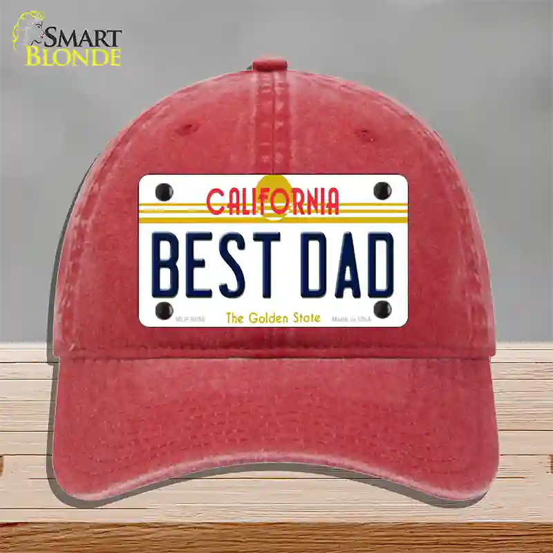 Best Dad California Novelty License Plate Hat Unconstructed Cotton / Red