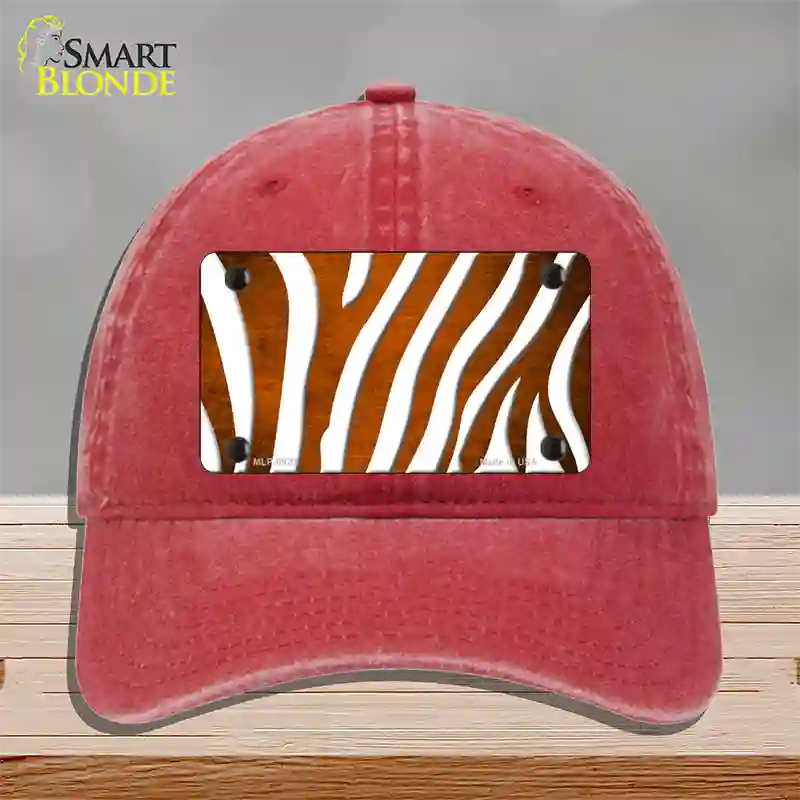 Orange White Zebra Oil Rubbed Novelty License Plate Hat Unconstructed Cotton / Red