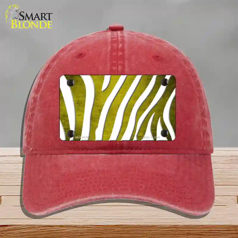 Yellow White Zebra Oil Rubbed Novelty License Plate Hat Unconstructed Cotton / Red