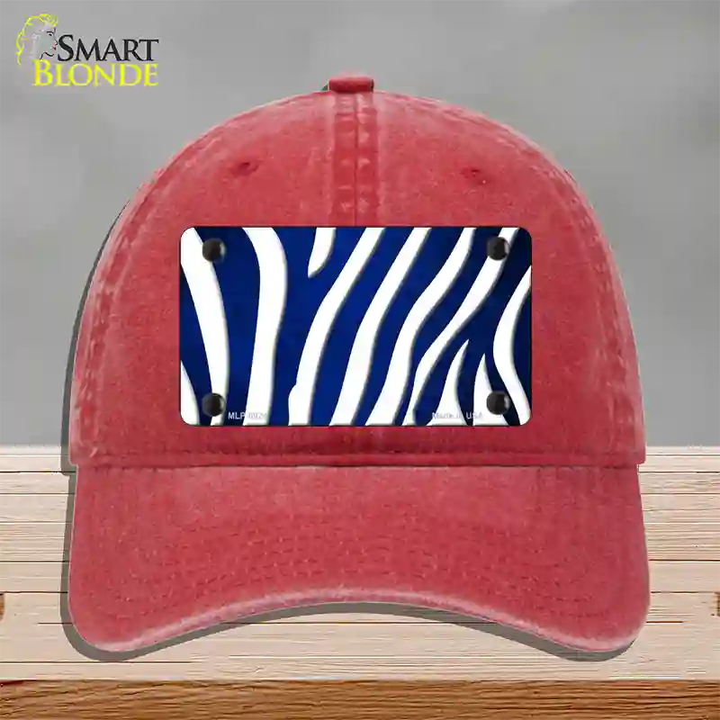 Blue White Zebra Oil Rubbed Novelty License Plate Hat Unconstructed Cotton / Red