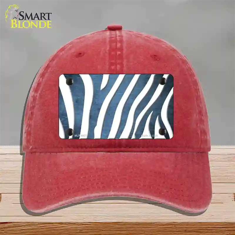 Light Blue White Zebra Oil Rubbed Novelty License Plate Hat Unconstructed Cotton / Red