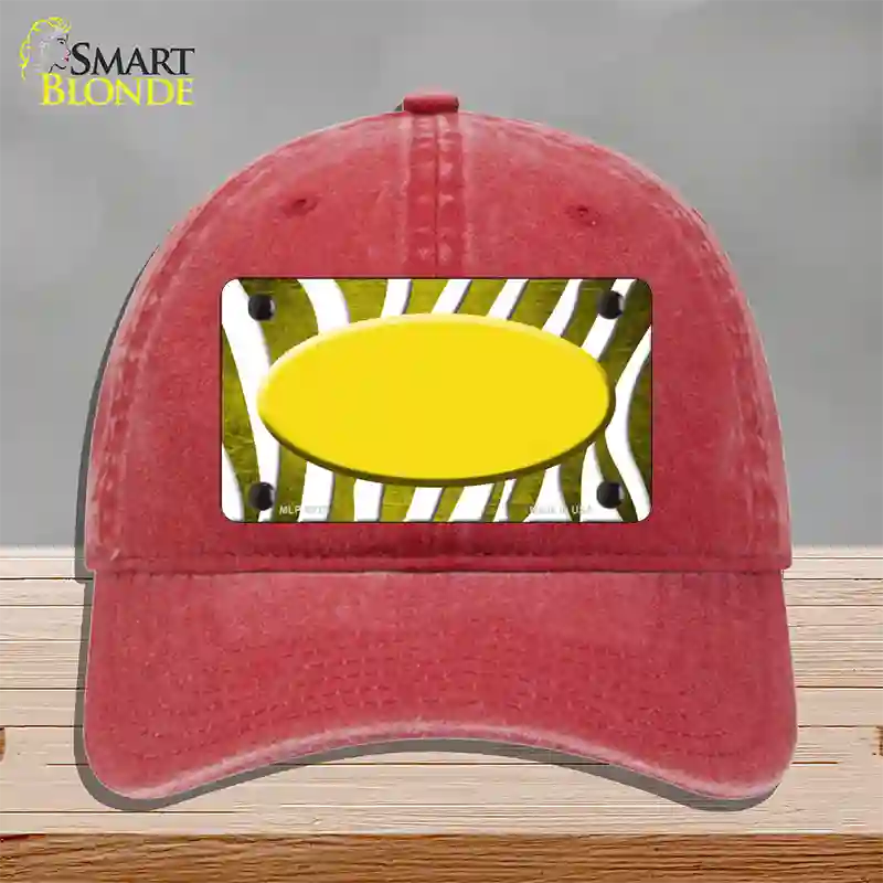 Yellow White Zebra Oval Oil Rubbed Novelty License Plate Hat Unconstructed Cotton / Red