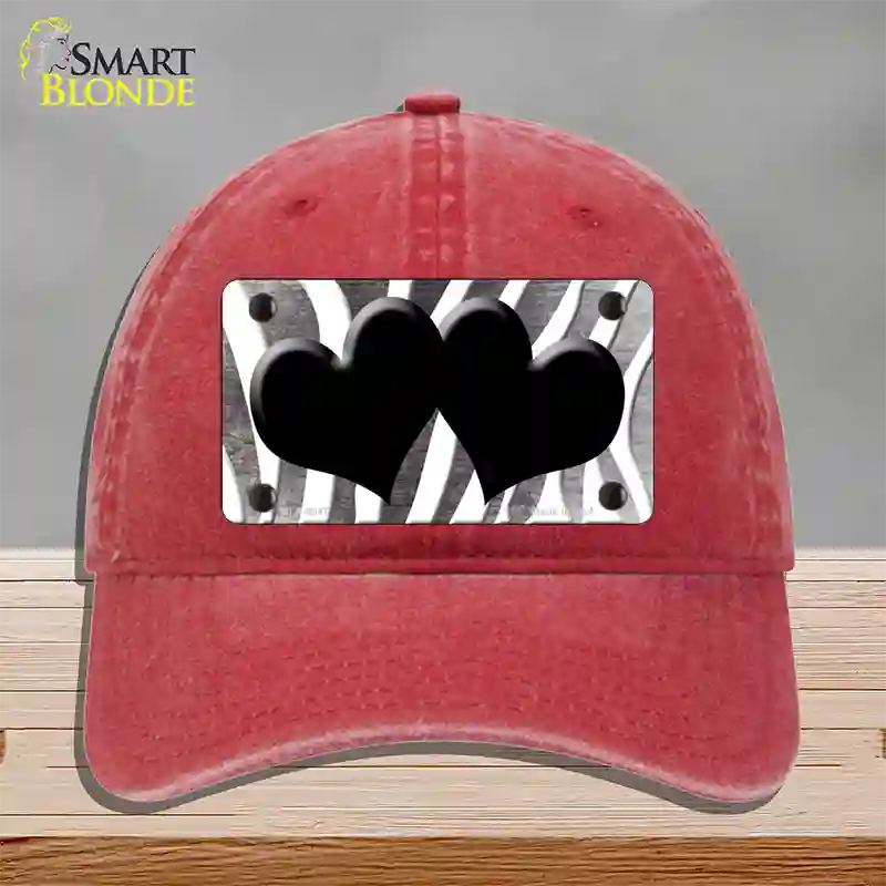 Black White Zebra Hearts Oil Rubbed Novelty License Plate Hat Unconstructed Cotton / Red