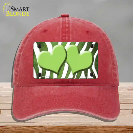 Lime Green White Zebra Hearts Oil Rubbed Novelty License Plate Hat Unconstructed Cotton / Red