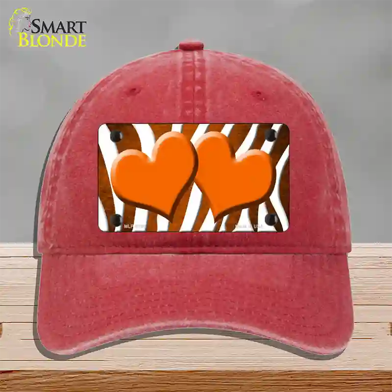 Orange White Zebra Hearts Oil Rubbed Novelty License Plate Hat Unconstructed Cotton / Red