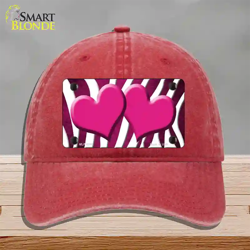 Pink White Zebra Hearts Oil Rubbed Novelty License Plate Hat Unconstructed Cotton / Red