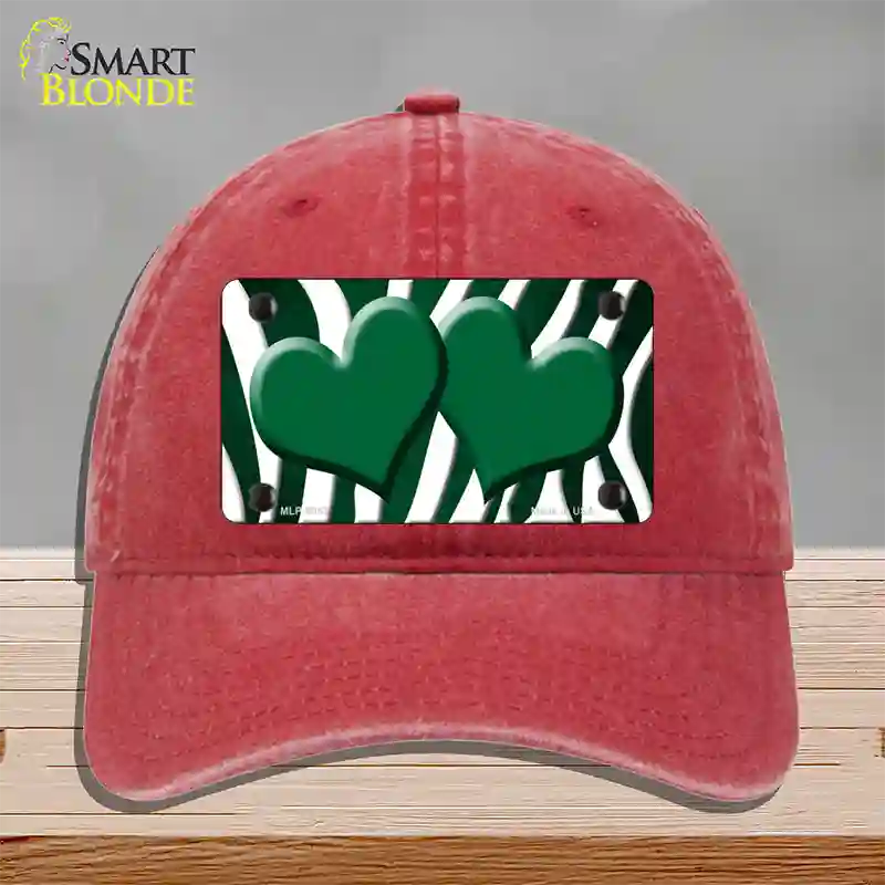 Green White Zebra Hearts Oil Rubbed Novelty License Plate Hat Unconstructed Cotton / Red