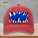 Blue White Zebra Hearts Oil Rubbed Novelty License Plate Hat Unconstructed Cotton / Red