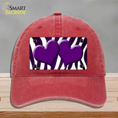 Purple White Zebra Hearts Oil Rubbed Novelty License Plate Hat Unconstructed Cotton / Red