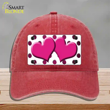 Pink White Dots Hearts Oil Rubbed Novelty License Plate Hat Unconstructed Cotton / Red