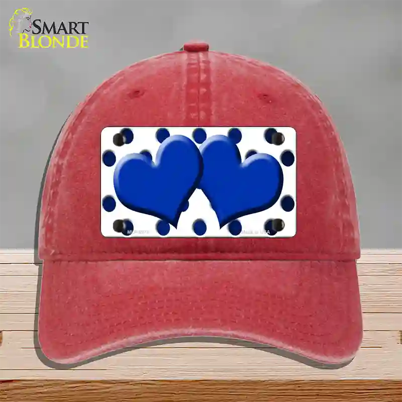 Blue White Dots Hearts Oil Rubbed Novelty License Plate Hat Unconstructed Cotton / Red