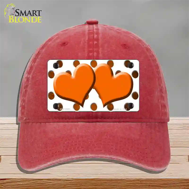 Orange White Dots Hearts Oil Rubbed Novelty License Plate Hat Unconstructed Cotton / Red