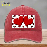 Red White Dots Hearts Oil Rubbed Novelty License Plate Hat Unconstructed Cotton / Red