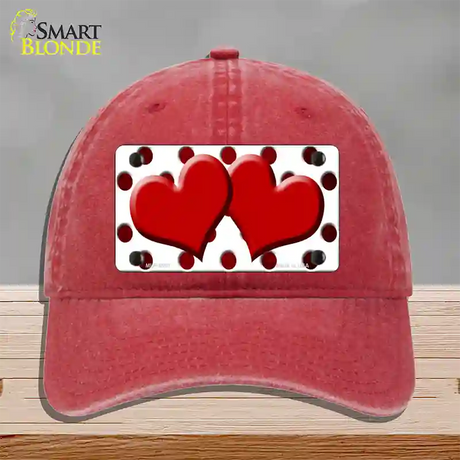 Red White Dots Hearts Oil Rubbed Novelty License Plate Hat Unconstructed Cotton / Red