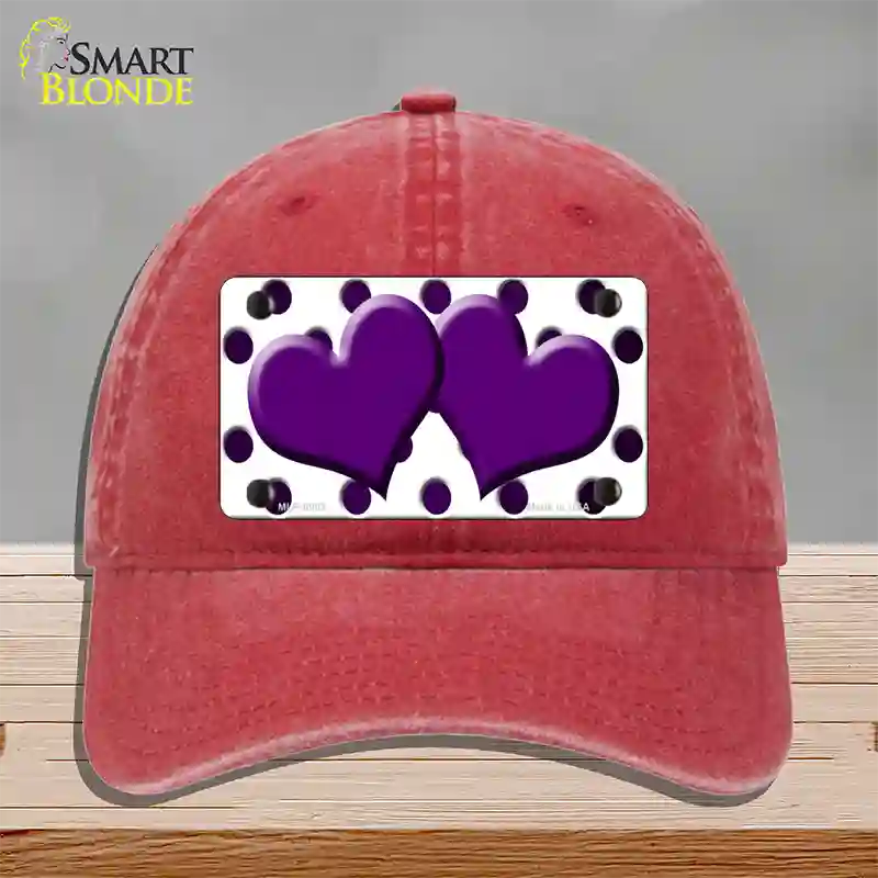 Purple White Dots Hearts Oil Rubbed Novelty License Plate Hat Unconstructed Cotton / Red