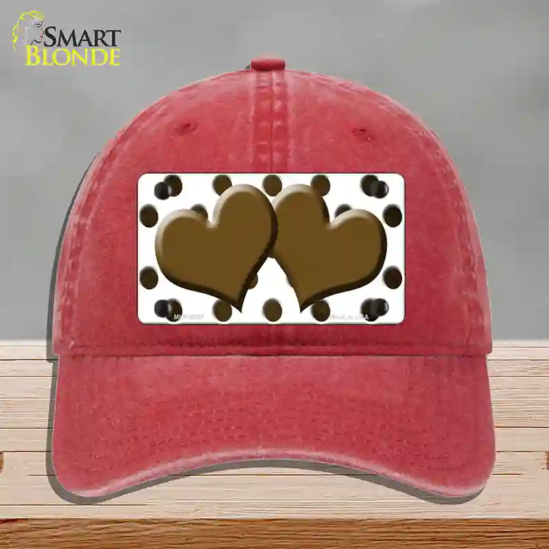 Brown White Dots Hearts Oil Rubbed Novelty License Plate Hat Unconstructed Cotton / Red