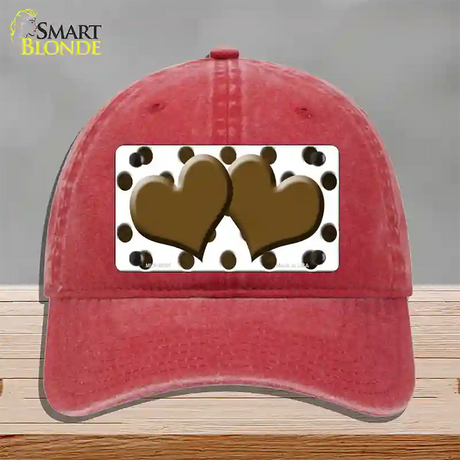 Brown White Dots Hearts Oil Rubbed Novelty License Plate Hat Unconstructed Cotton / Red