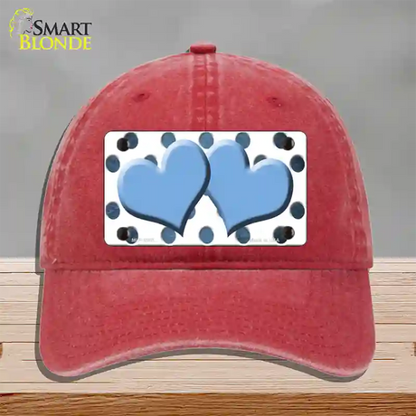 Light Blue White Dots Hearts Oil Rubbed Novelty License Plate Hat Unconstructed Cotton / Red