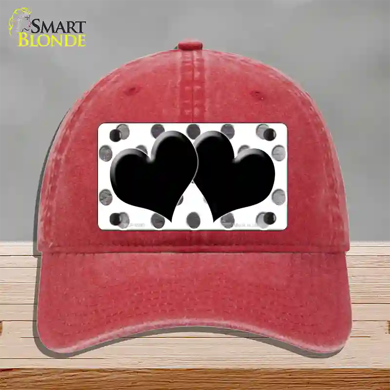 Black White Dots Hearts Oil Rubbed Novelty License Plate Hat Unconstructed Cotton / Red