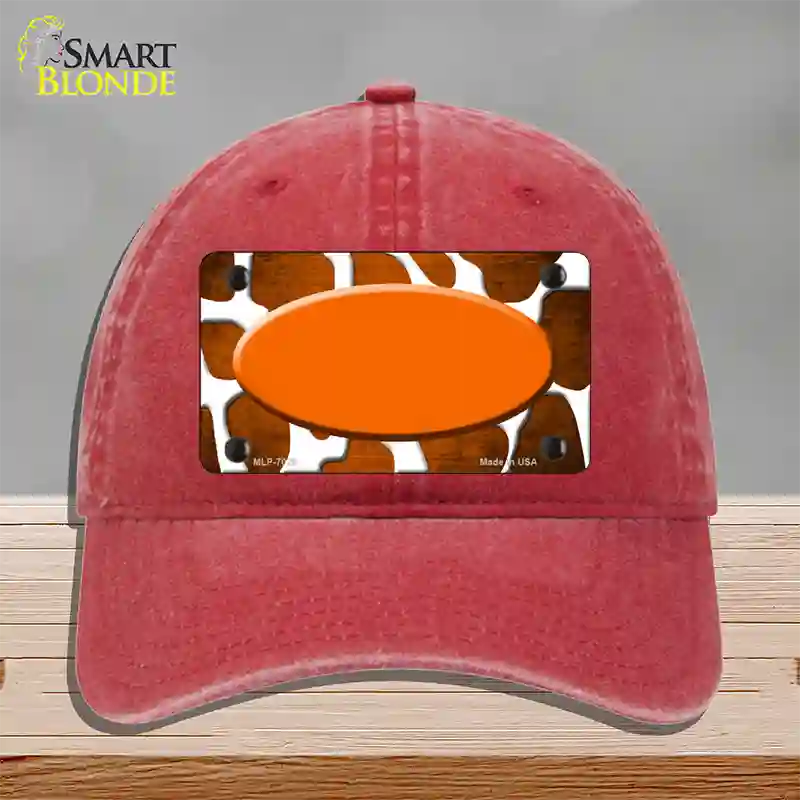 Orange White Oval Giraffe Oil Rubbed Novelty License Plate Hat Unconstructed Cotton / Red