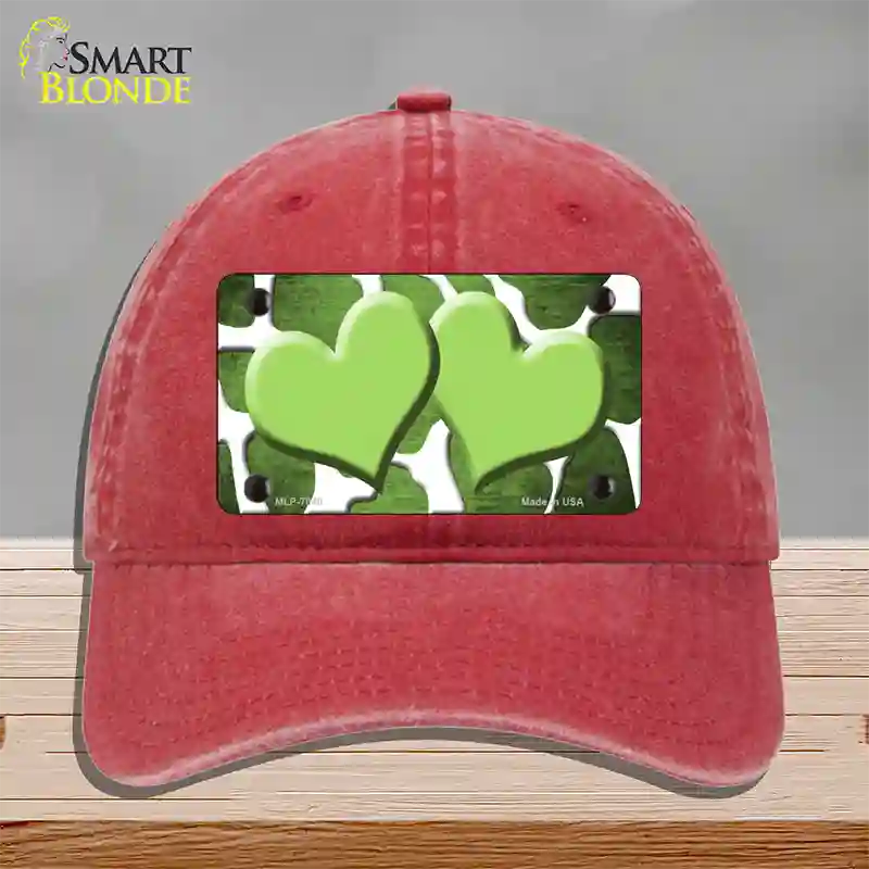 Lime Green White Hearts Giraffe Oil Rubbed Novelty License Plate Hat Unconstructed Cotton / Red