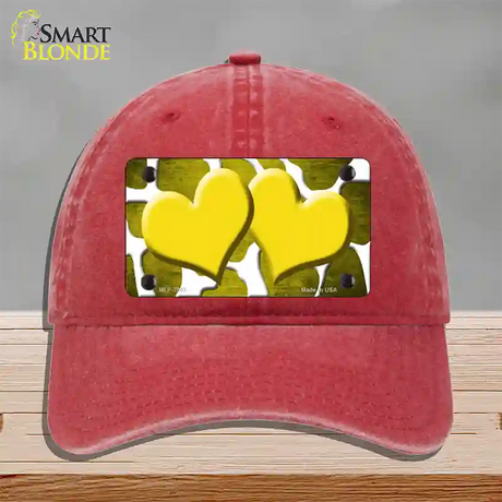 Yellow White Hearts Giraffe Oil Rubbed Novelty License Plate Hat Unconstructed Cotton / Red