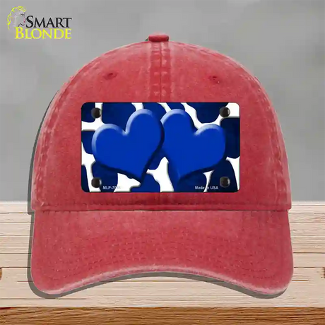 Blue White Hearts Giraffe Oil Rubbed Novelty License Plate Hat Unconstructed Cotton / Red