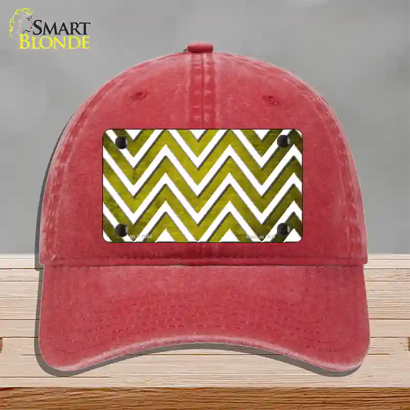 Yellow White Chevron Oil Rubbed Novelty License Plate Hat Unconstructed Cotton / Red