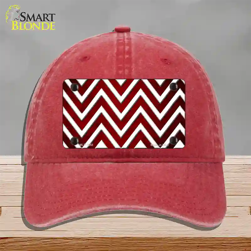 Red White Chevron Oil Rubbed Novelty License Plate Hat Unconstructed Cotton / Red