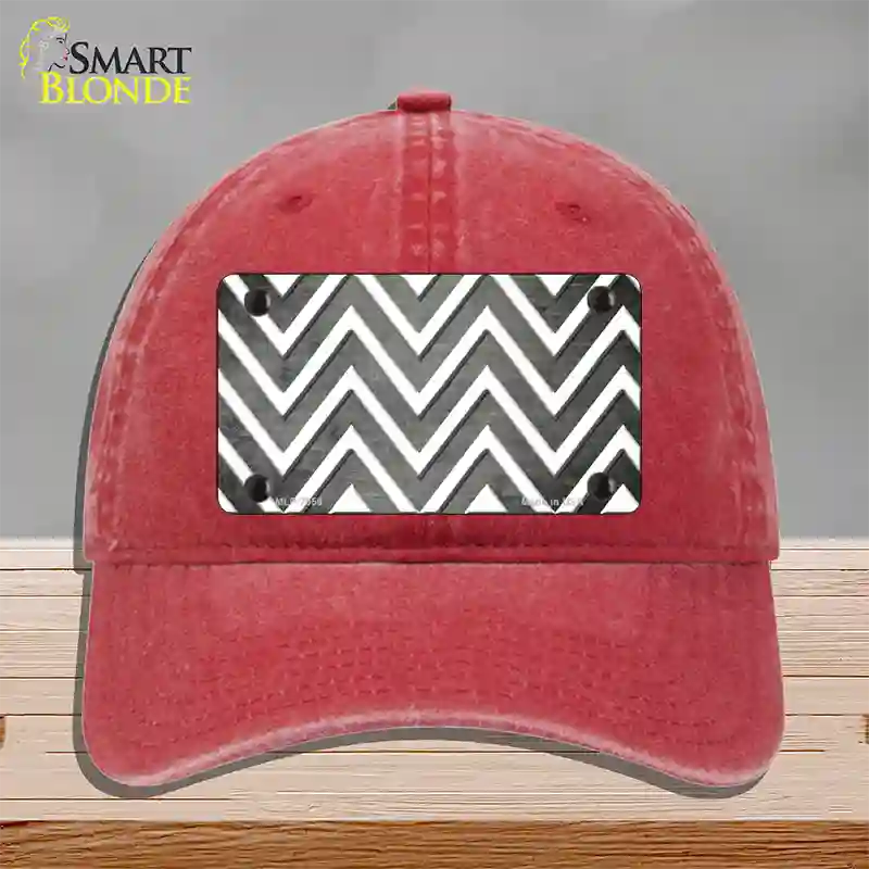 Gray White Chevron Oil Rubbed Novelty License Plate Hat Unconstructed Cotton / Red