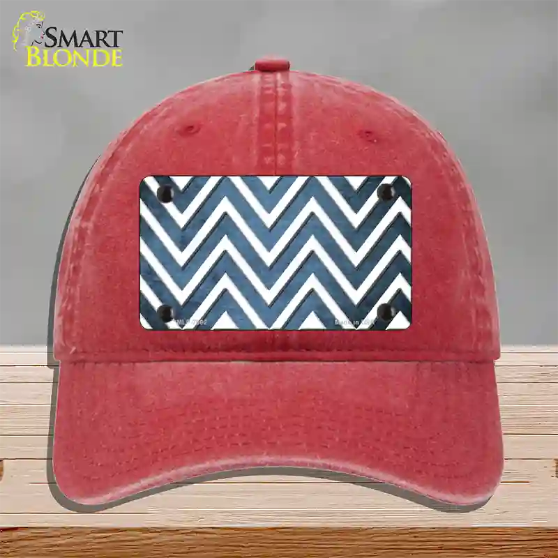 Light Blue White Chevron Oil Rubbed Novelty License Plate Hat Unconstructed Cotton / Red