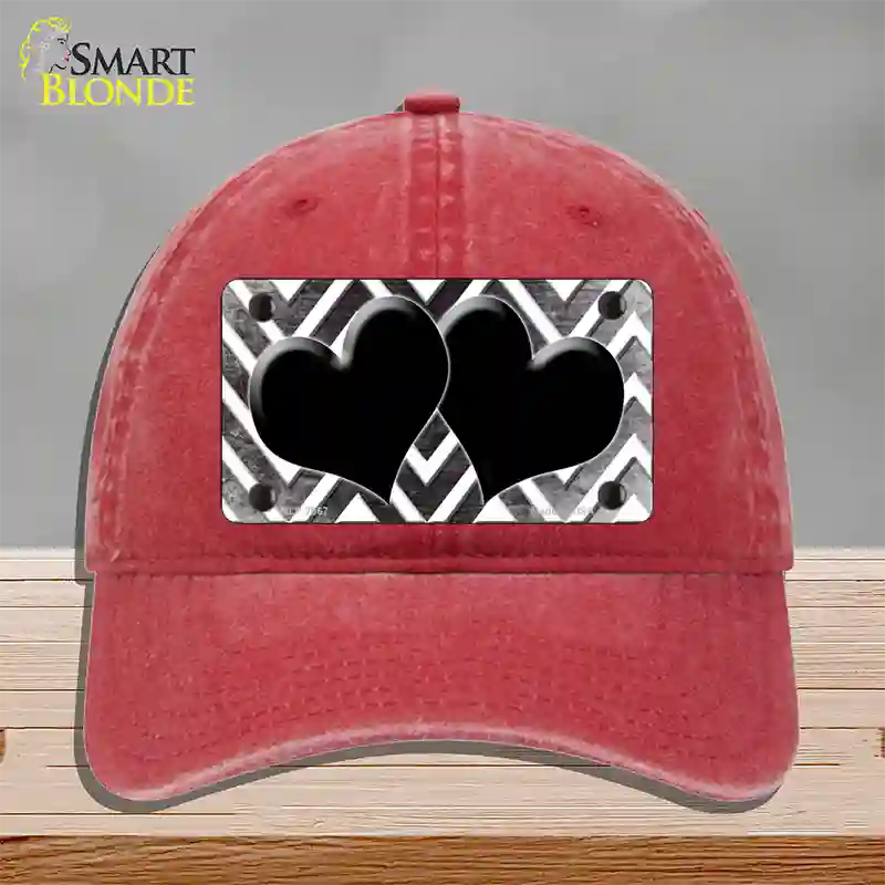 Black White Hearts Chevron Oil Rubbed Novelty License Plate Hat Unconstructed Cotton / Red