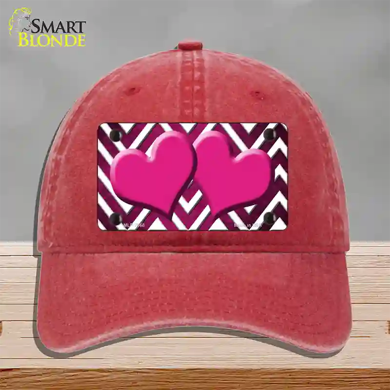 Pink White Hearts Chevron Oil Rubbed Novelty License Plate Hat Unconstructed Cotton / Red