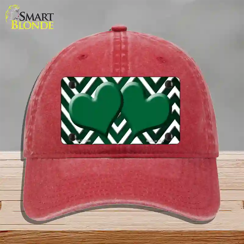 Green White Hearts Chevron Oil Rubbed Novelty License Plate Hat Unconstructed Cotton / Red