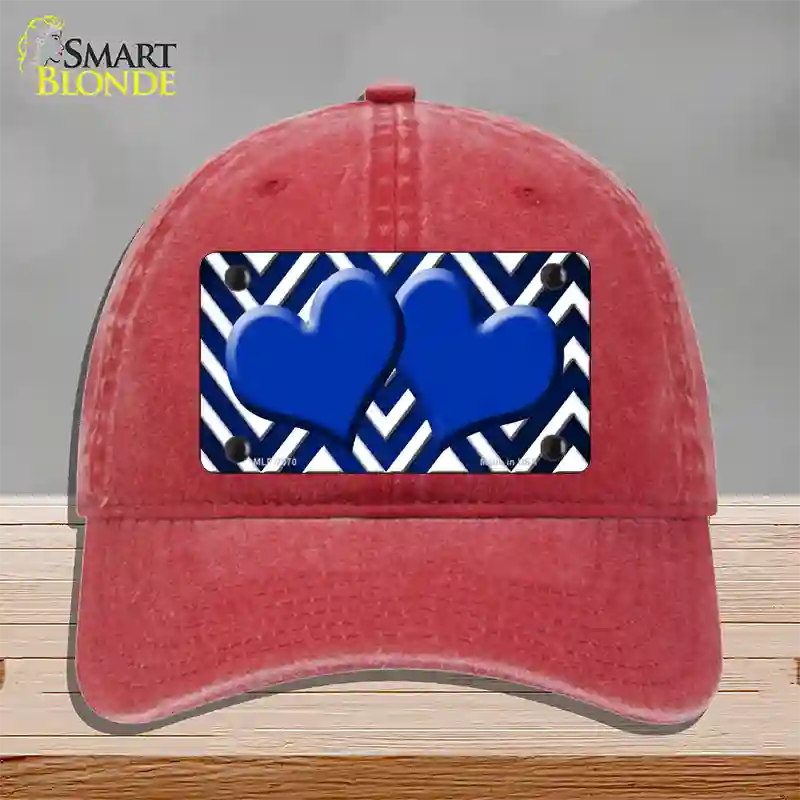 Blue White Hearts Chevron Oil Rubbed Novelty License Plate Hat Unconstructed Cotton / Red