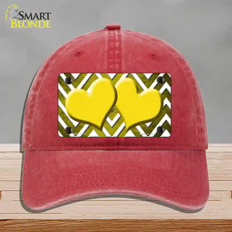 Yellow White Hearts Chevron Oil Rubbed Novelty License Plate Hat Unconstructed Cotton / Red