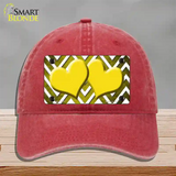 Yellow White Hearts Chevron Oil Rubbed Novelty License Plate Hat Unconstructed Cotton / Red