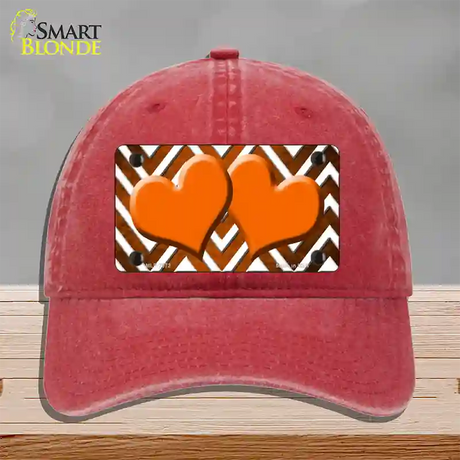 Orange White Hearts Chevron Oil Rubbed Novelty License Plate Hat Unconstructed Cotton / Red