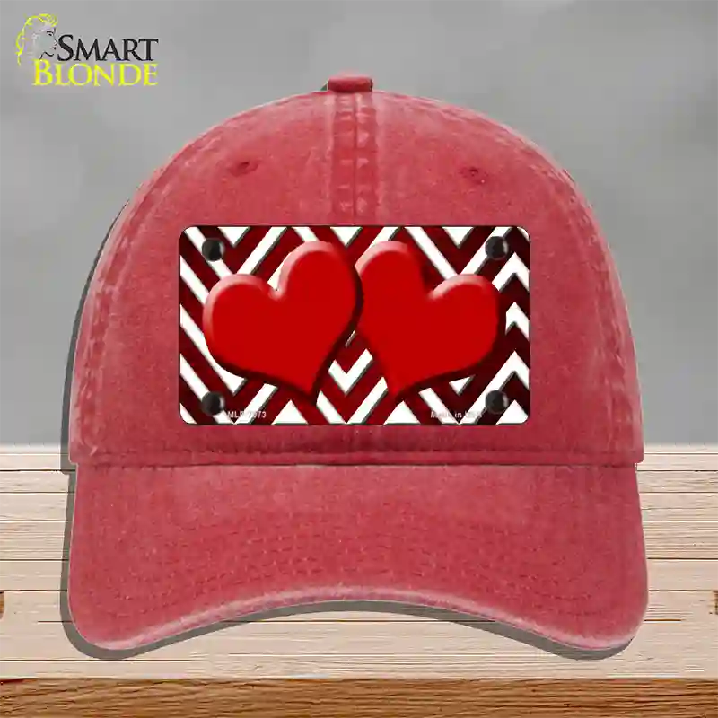 Red White Hearts Chevron Oil Rubbed Novelty License Plate Hat Unconstructed Cotton / Red