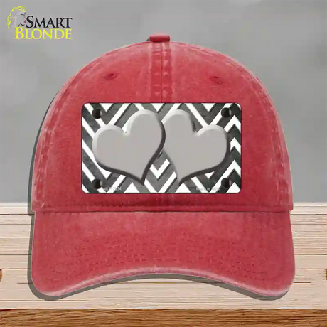 Gray White Hearts Chevron Oil Rubbed Novelty License Plate Hat Unconstructed Cotton / Red