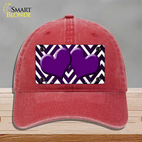 Purple White Hearts Chevron Oil Rubbed Novelty License Plate Hat Unconstructed Cotton / Red