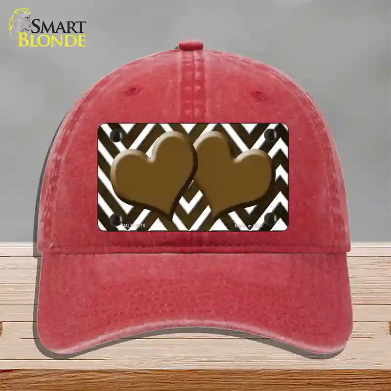 Brown White Hearts Chevron Oil Rubbed Novelty License Plate Hat Unconstructed Cotton / Red